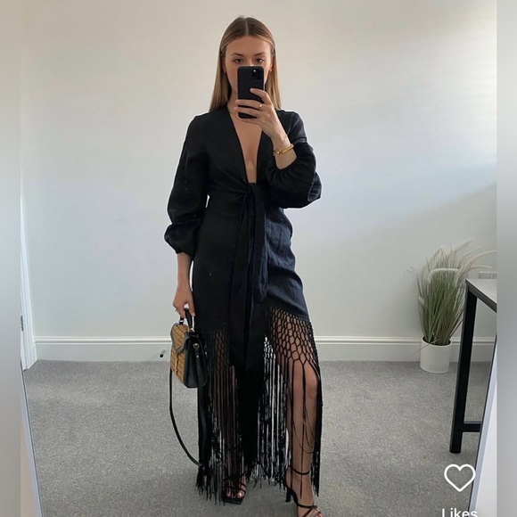 Zara dress midi black linen fringed fringes boho Zara dress midi black linen fringed fringes boho